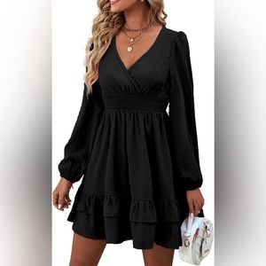 Rooscier Women's Wrap V Neck Swing Ruffle Swiss Dots Long Sleeve Mini Dress